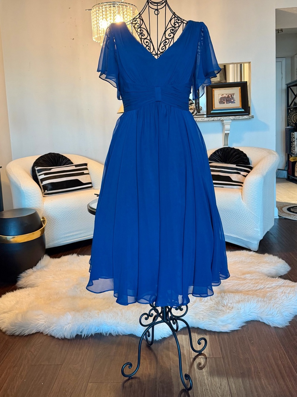 Suzi Chin for Maggy Boutique Cobalt Blue V-Neck Chiffon Dress
